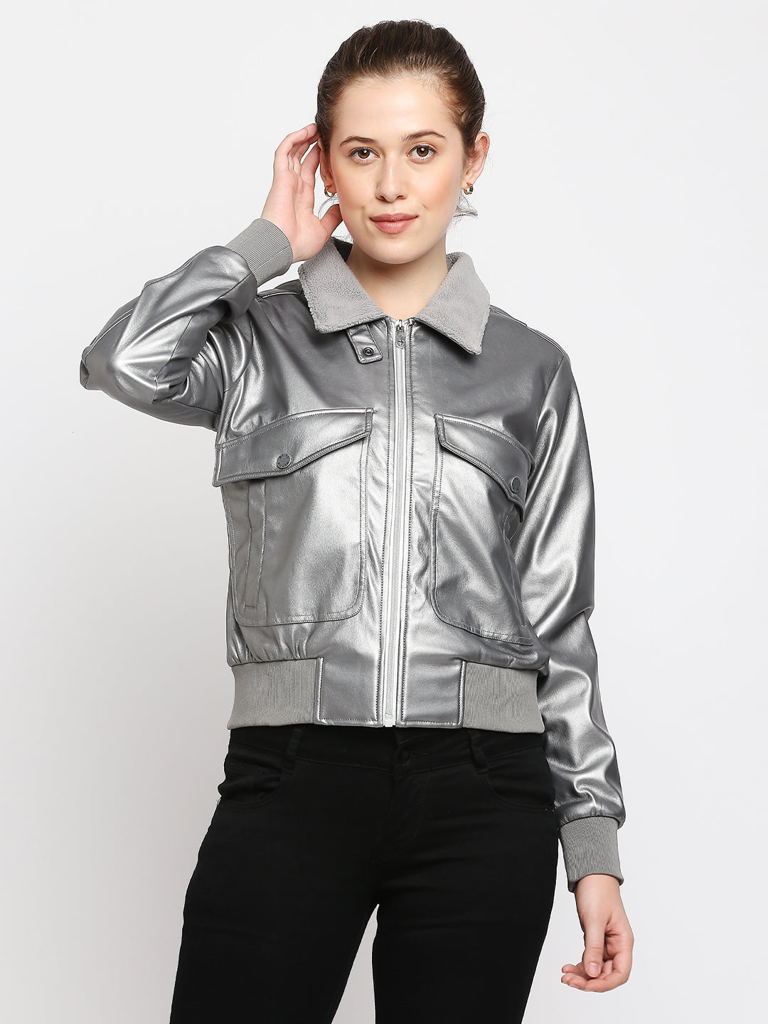 Being Human Womens Bomber Semi  Fit Jackets - Gunmetal Silver