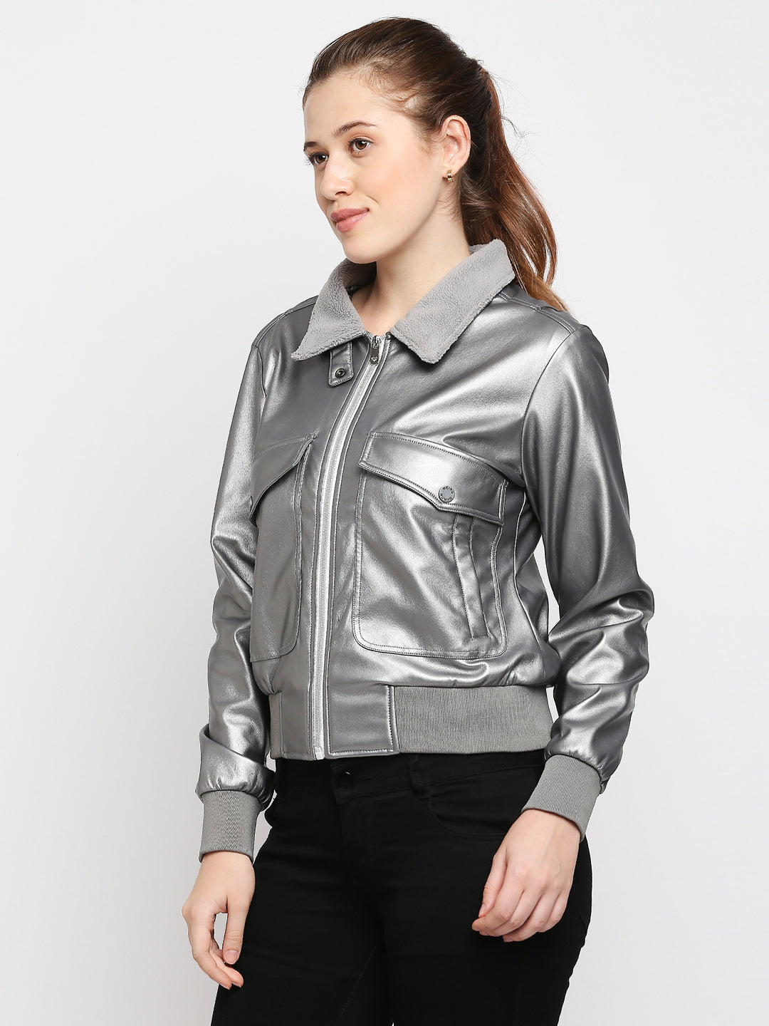 Being Human Womens Bomber Semi  Fit Jackets - Gunmetal Silver