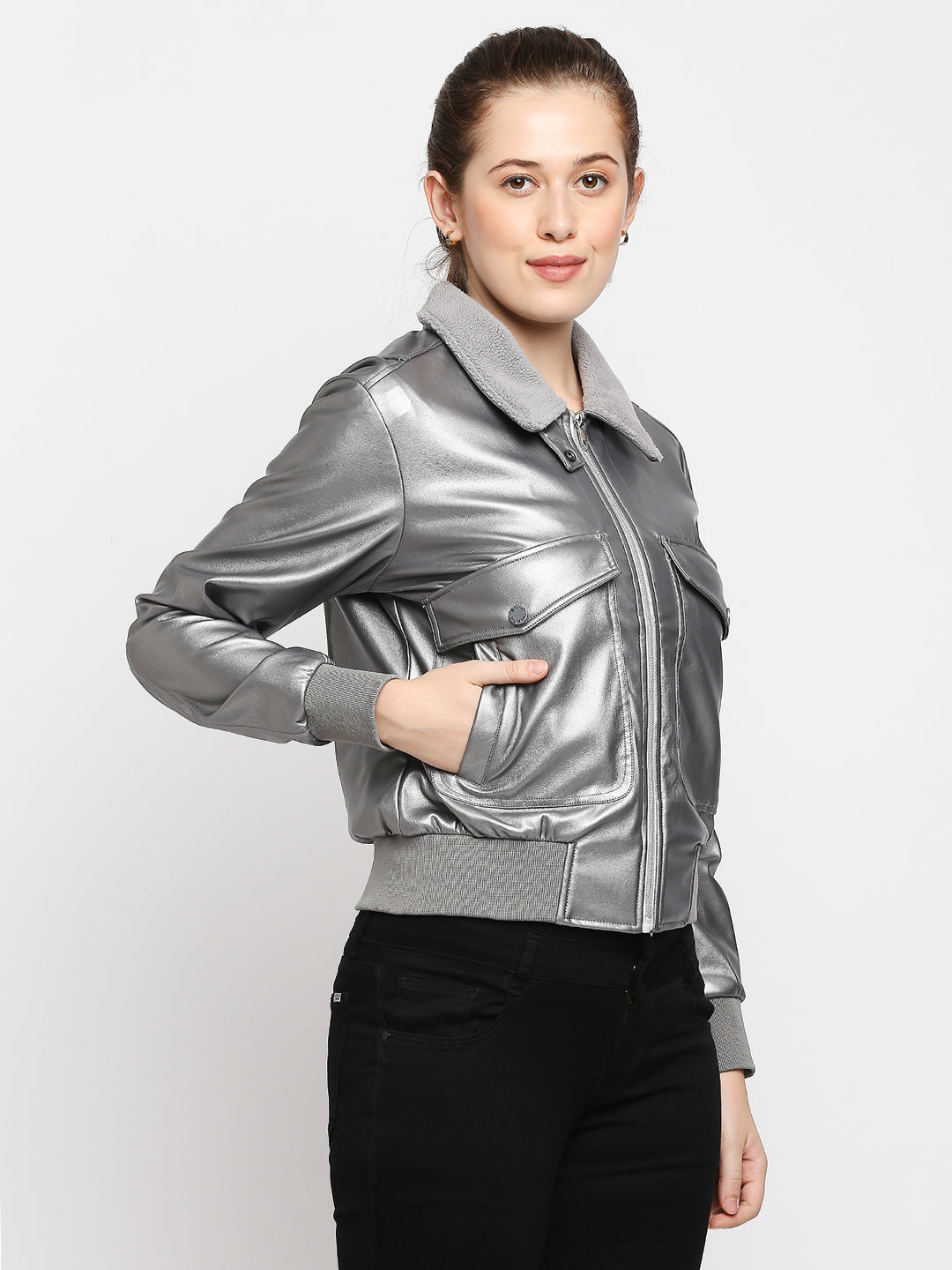 Being Human Womens Bomber Semi  Fit Jackets - Gunmetal Silver
